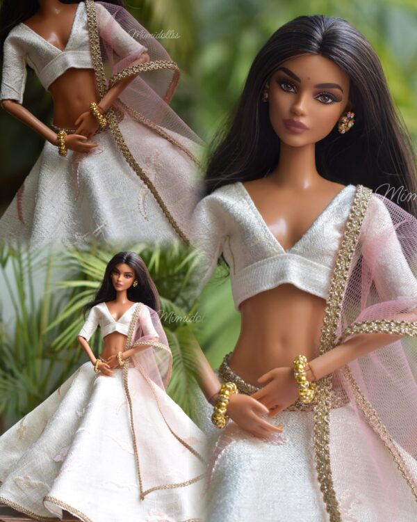White and pink embroidered lehenga for doll