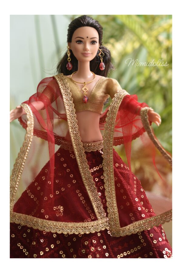 Embroidered maroon lehenga for doll