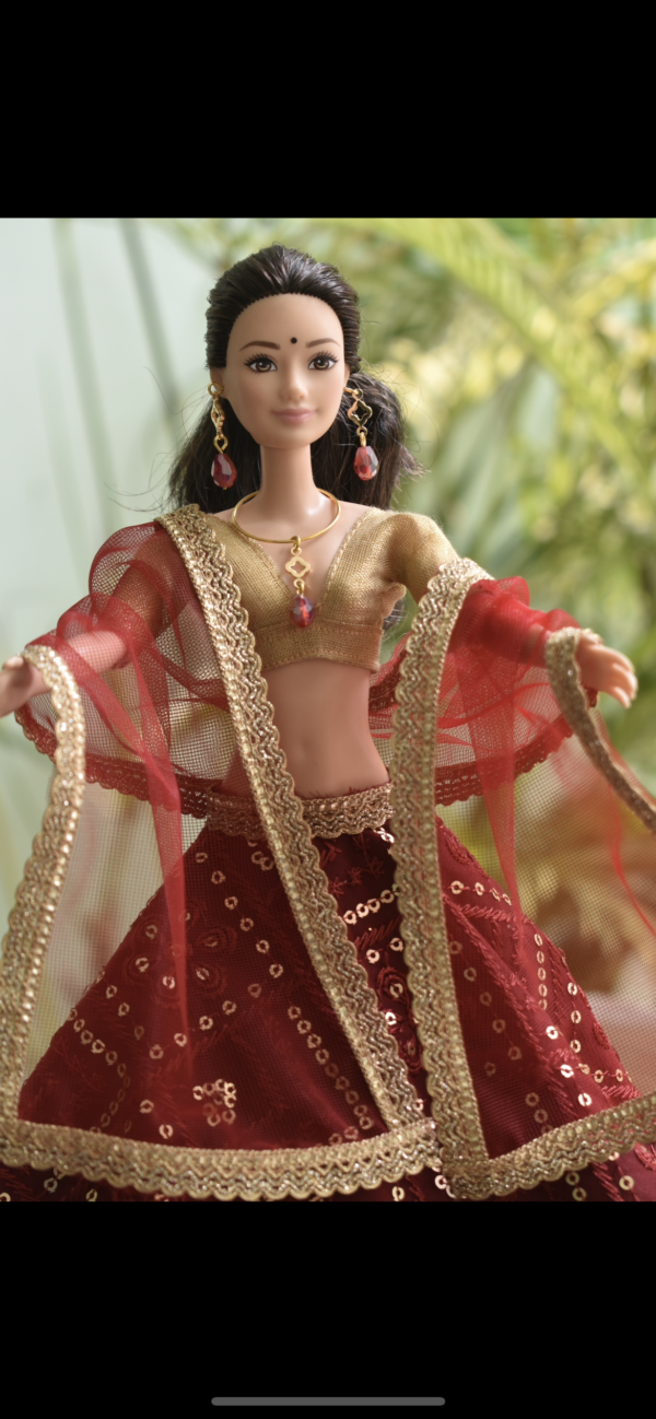 Embroidered maroon lehenga for doll