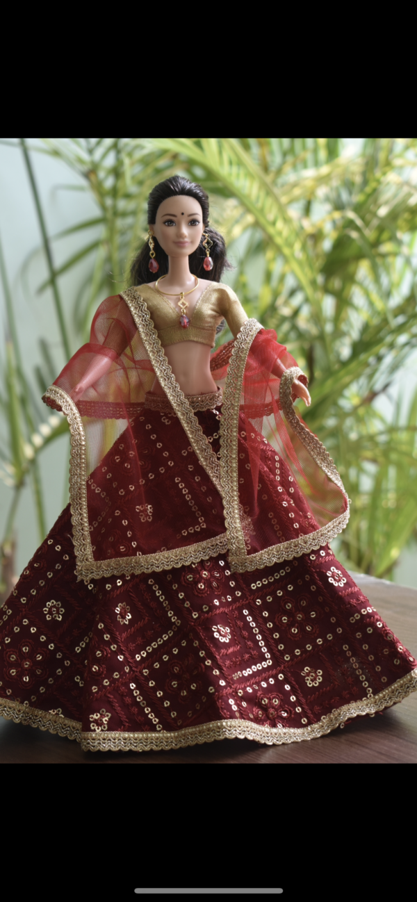 Embroidered maroon lehenga for doll