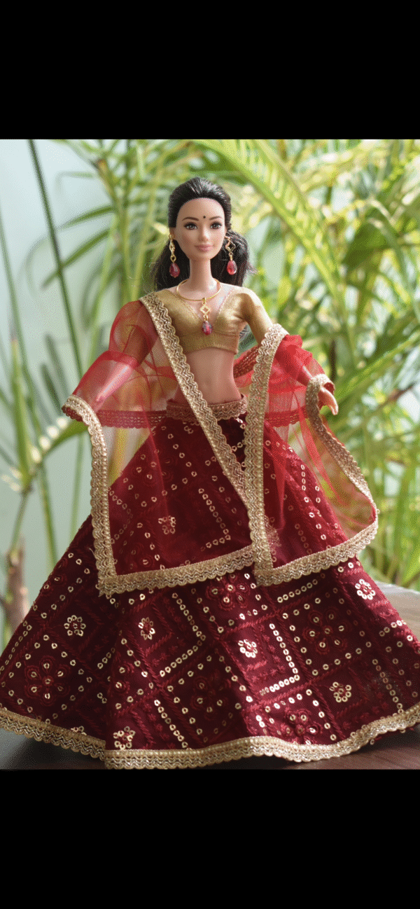 Embroidered maroon lehenga for doll