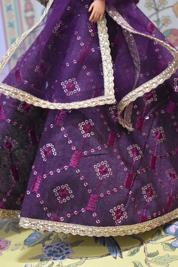 Embroidered wine lehenga with accessories for doll