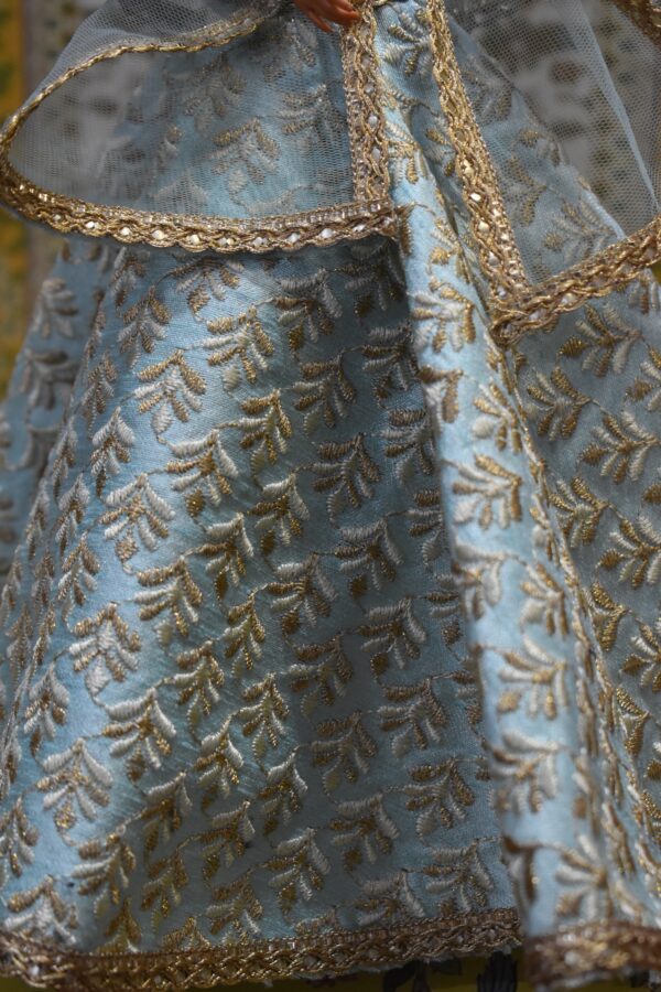 Light embroidered turquoise lehenga with accessories for doll