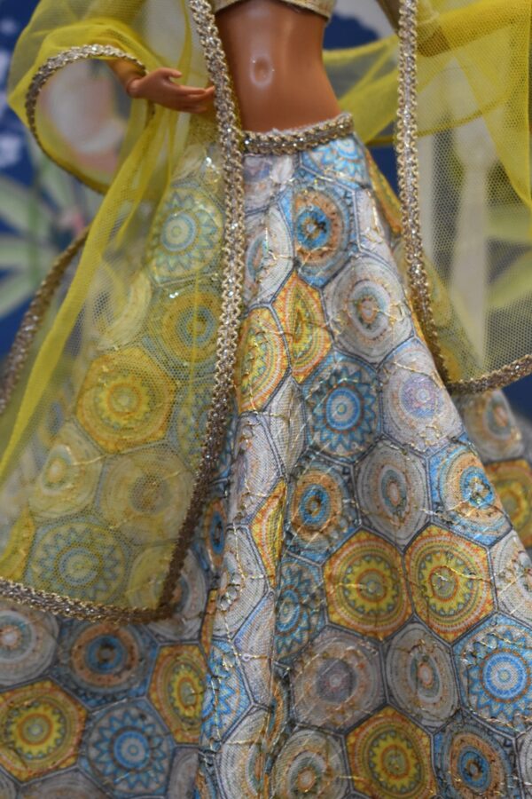 Yellow blue printed embroidered lehenga with accessories for doll