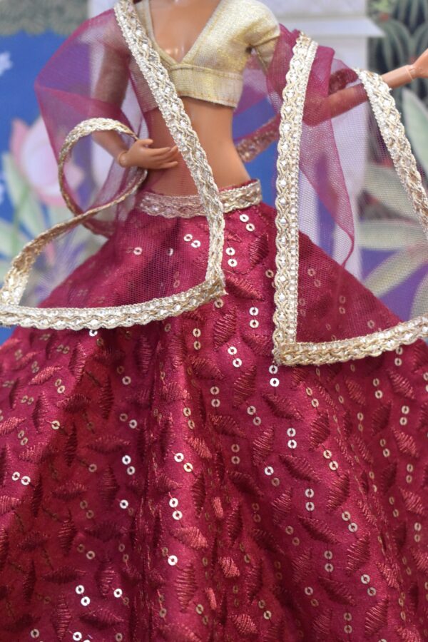 Maroon embroidered lehenga with accessories for doll