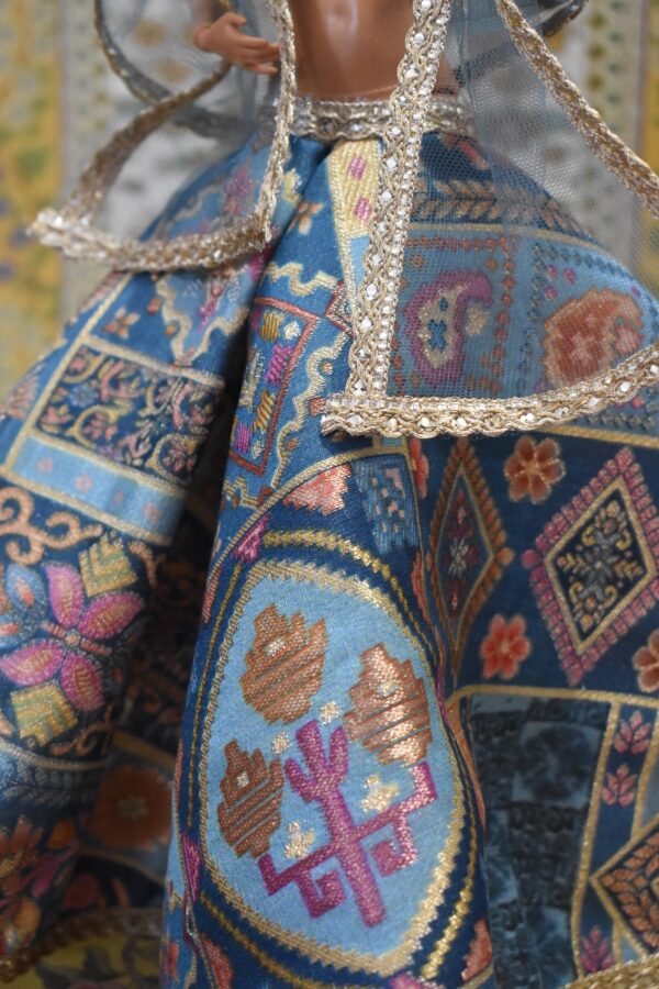 Printed Banarasi silk lehenga with accessories for doll