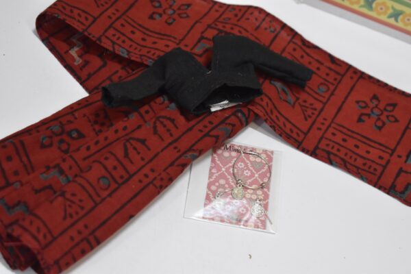 Maroon printed saree with accessories for doll