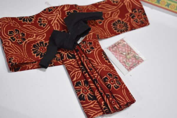 Maroon block printed cotton saree with accessories for doll