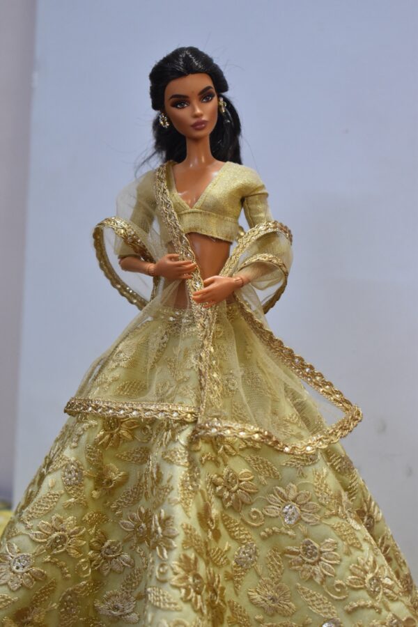 Beige embroidered lehenga with accessories for doll