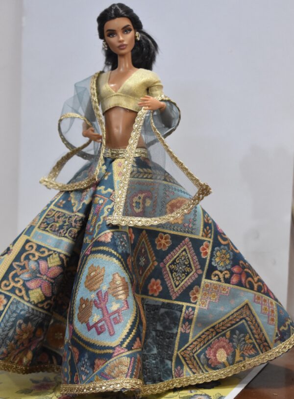 Printed Banarasi silk lehenga with accessories for doll