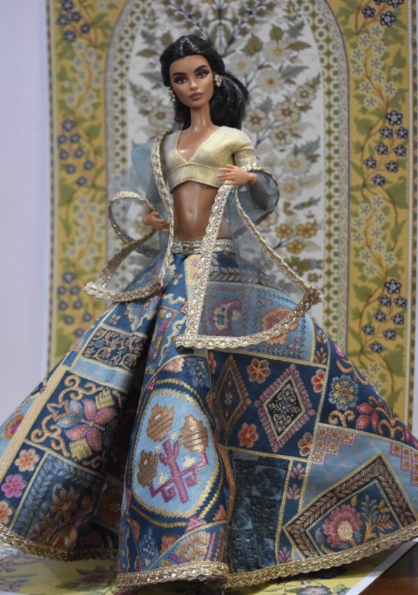 Printed Banarasi silk lehenga with accessories for doll
