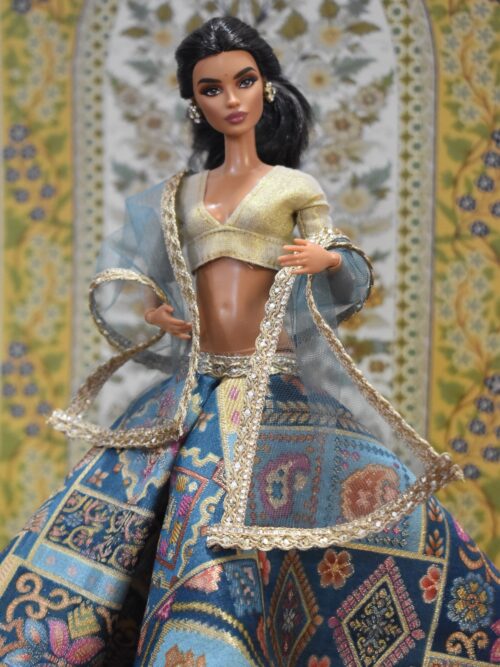 Printed Banarasi silk lehenga with accessories for doll
