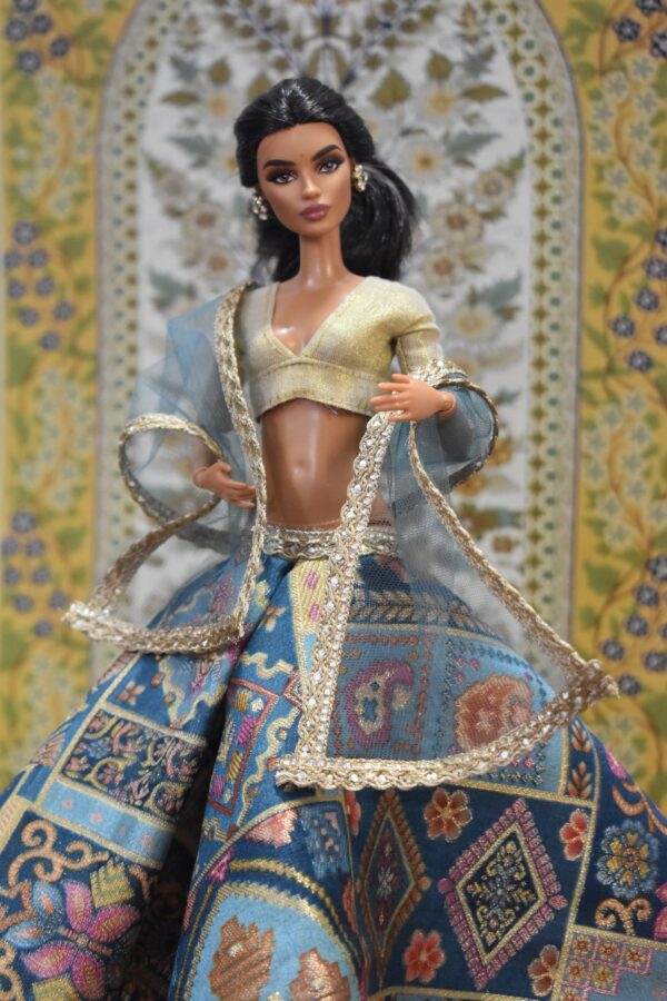 Printed Banarasi silk lehenga with accessories for doll