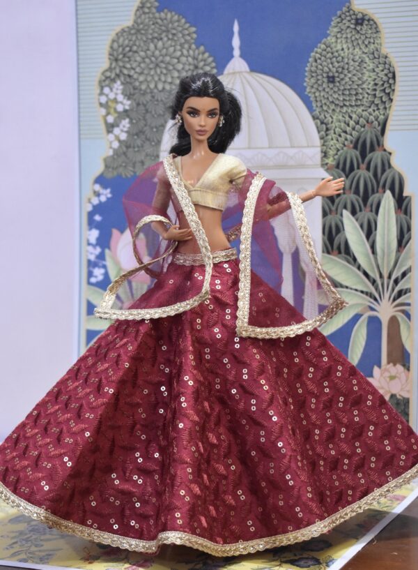 Maroon embroidered lehenga with accessories for doll