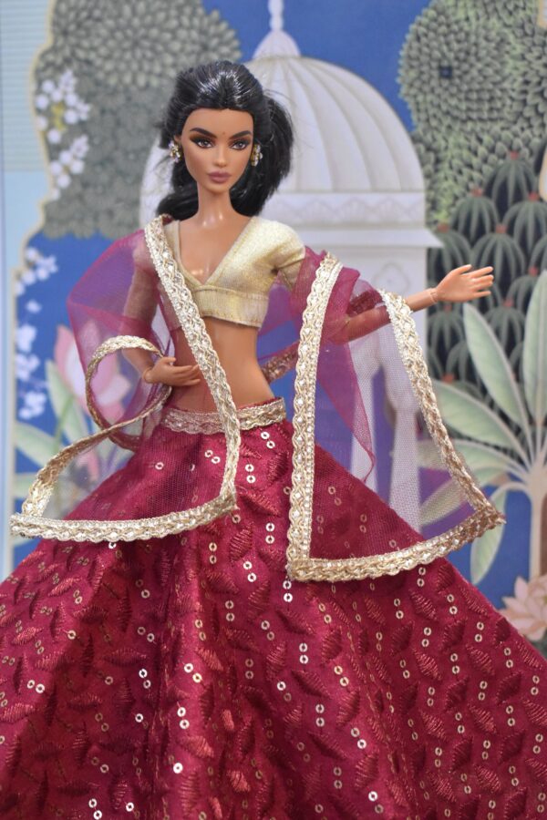 Maroon embroidered lehenga with accessories for doll