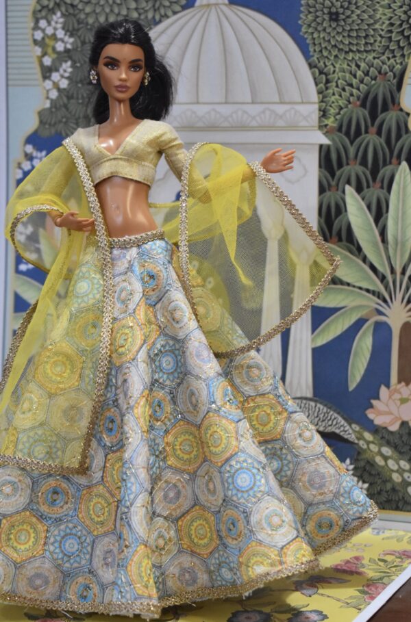 Yellow blue printed embroidered lehenga with accessories for doll