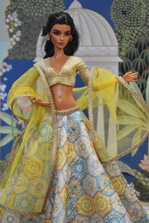 Yellow blue printed embroidered lehenga with accessories for doll