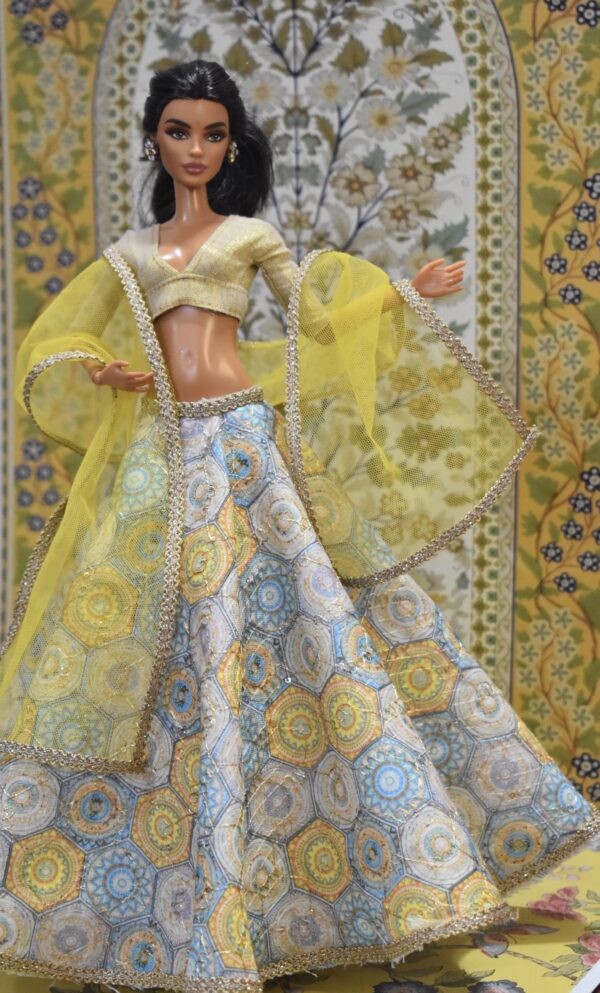 Yellow blue printed embroidered lehenga with accessories for doll