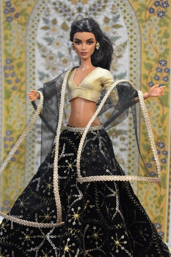Black embroidered lehenga with accessories for doll