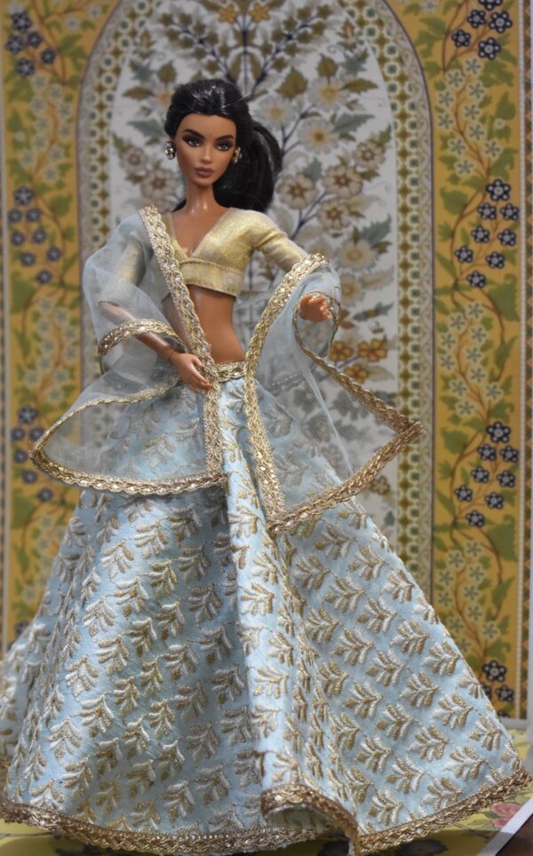 Light embroidered turquoise lehenga with accessories for doll