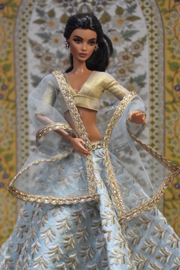 Light embroidered turquoise lehenga with accessories for doll
