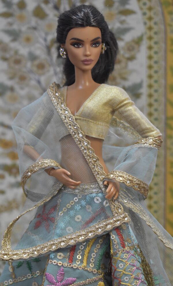 img_0051 Blue embroidered lehenga with accessories for doll