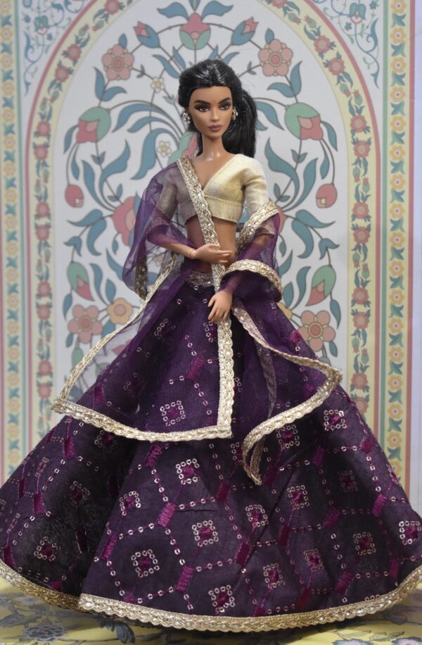 Embroidered wine lehenga with accessories for doll