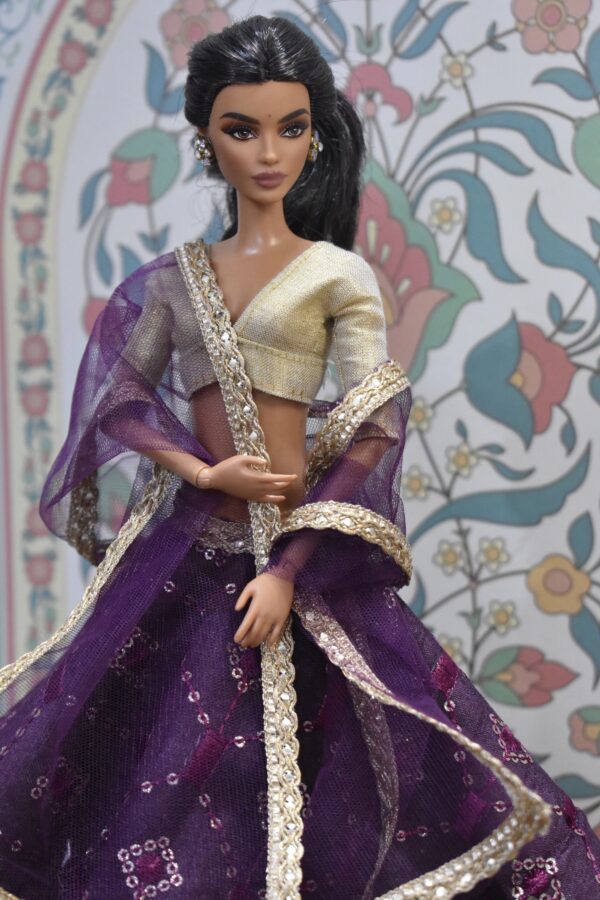 Embroidered wine lehenga with accessories for doll