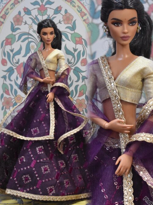 Embroidered wine lehenga with accessories for doll