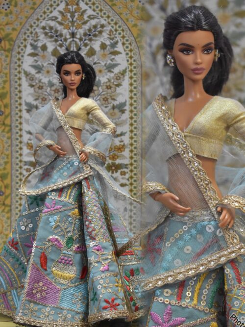 Blue embroidered lehenga with accessories for doll
