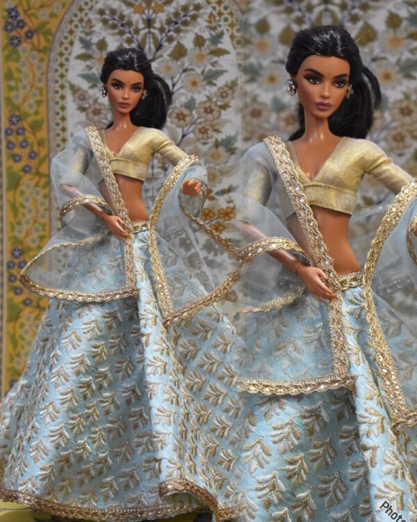 Light embroidered turquoise lehenga with accessories for doll