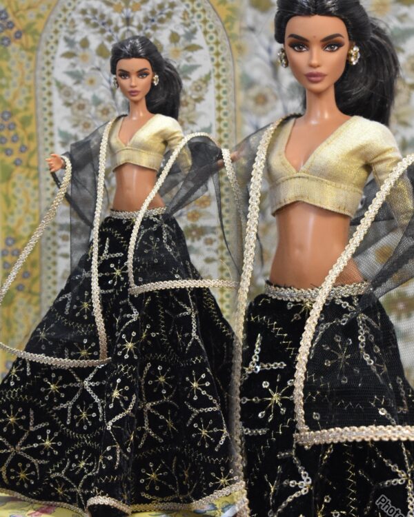 Black embroidered lehenga with accessories for doll