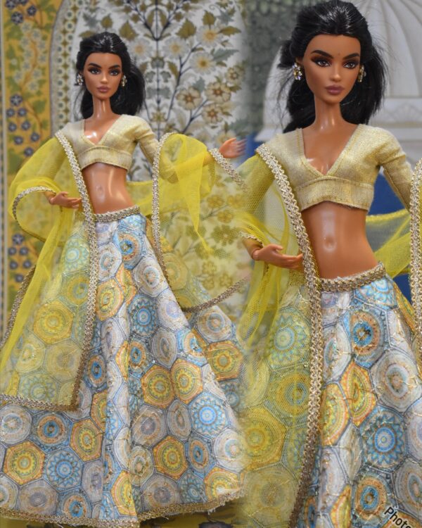 Yellow blue printed embroidered lehenga with accessories for doll