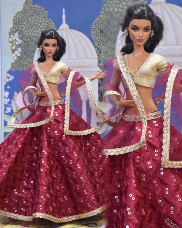 Maroon embroidered lehenga with accessories for doll