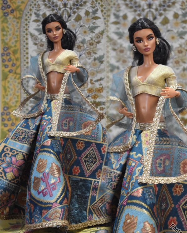 Printed Banarasi silk lehenga with accessories for doll