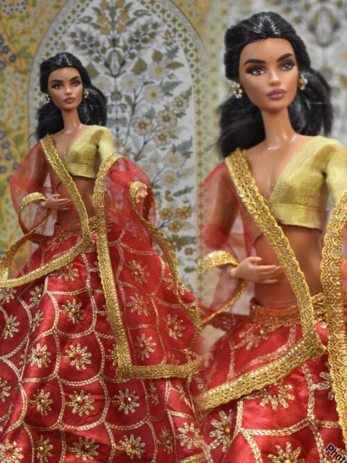 Red bridal lehenga with accessories for doll