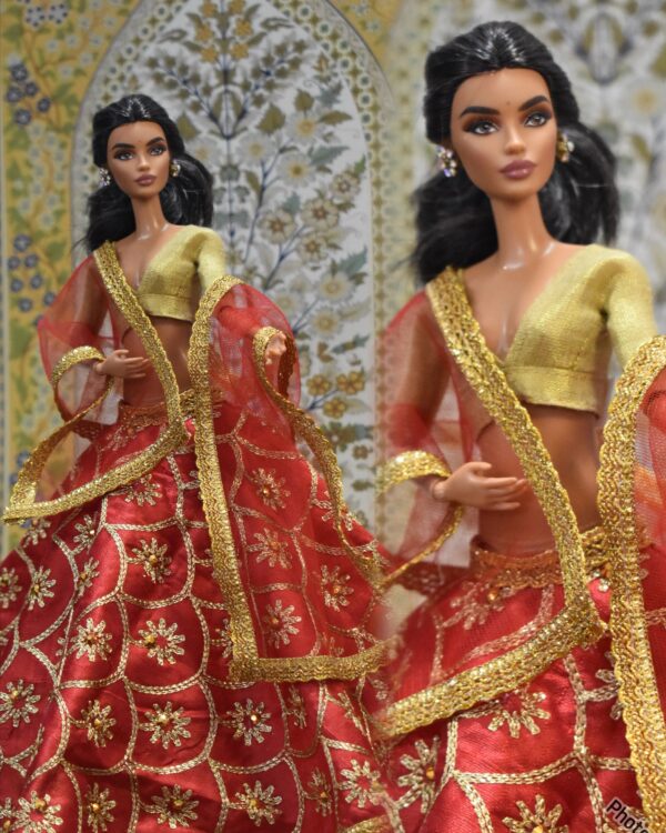 Red bridal lehenga with accessories for doll