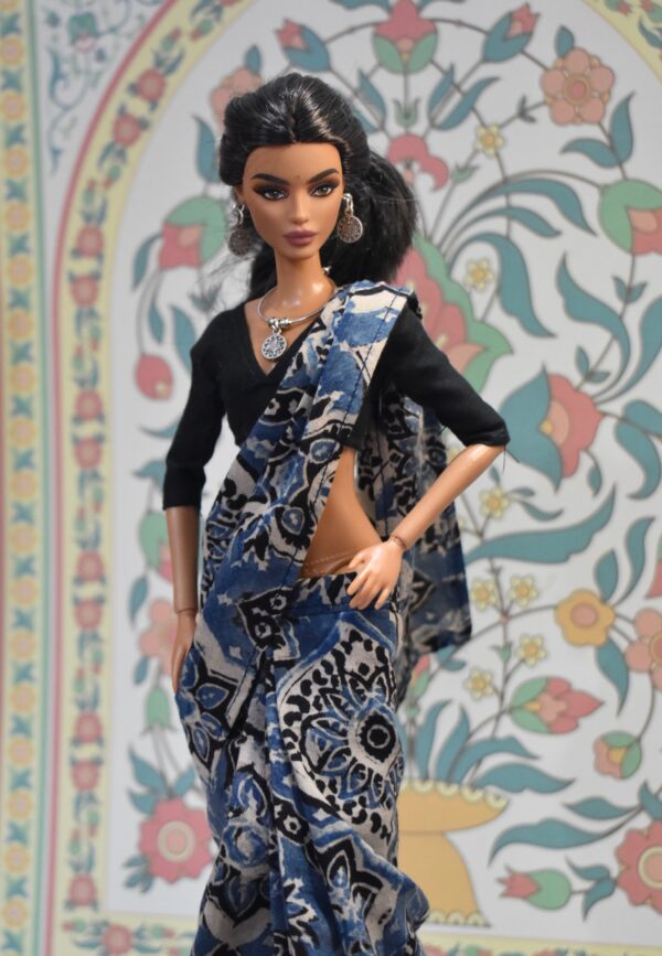 img_0181 Blue block printed cotton saree with accessories for doll