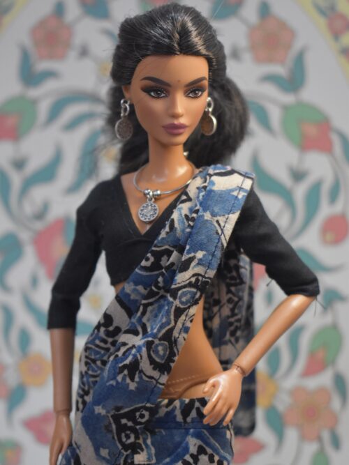 img_0182 Blue block printed cotton saree with accessories for doll