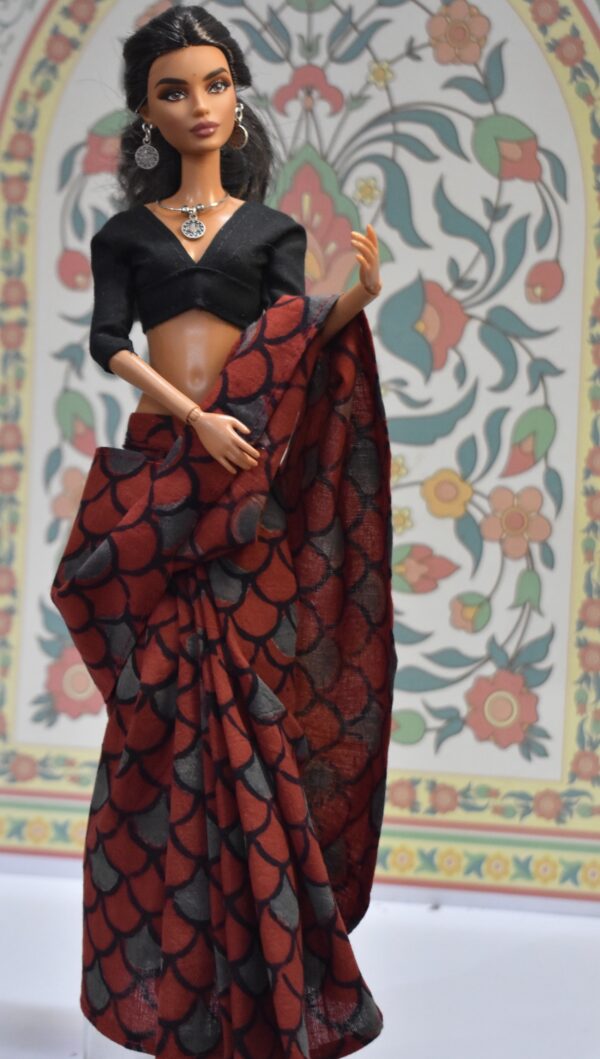 Maroon block printed cotton saree with accessories for doll