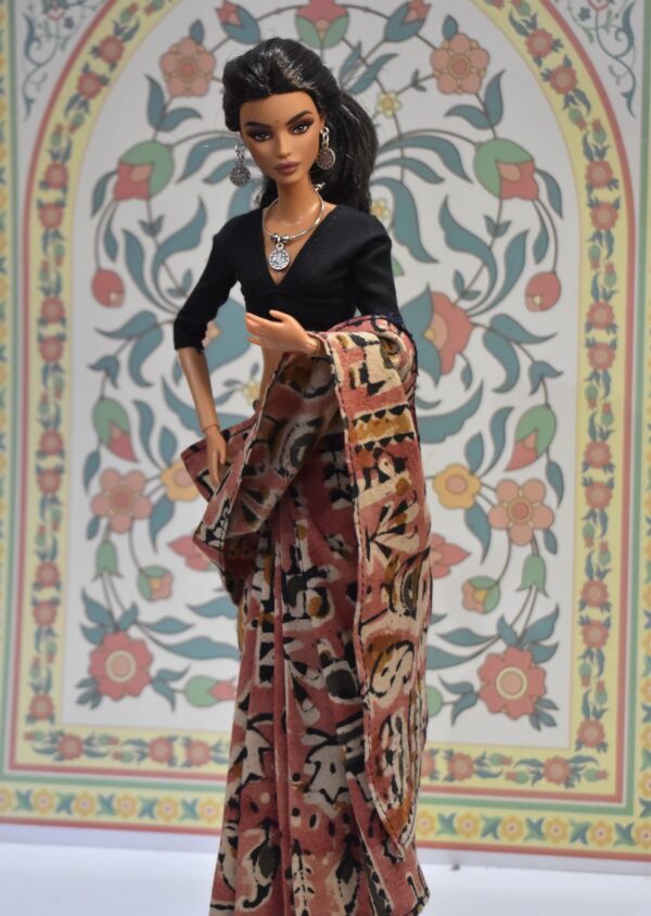 Pink kalamkari cotton saree with accessories for doll