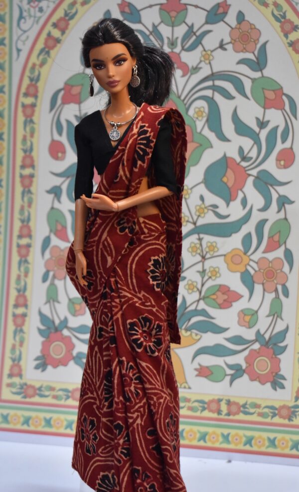 Maroon block printed cotton saree with accessories for doll
