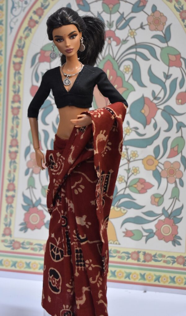 img_0215 Maroon Worli print cotton saree with accessories for doll