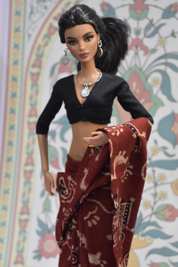 img_0216 Maroon Worli print cotton saree with accessories for doll