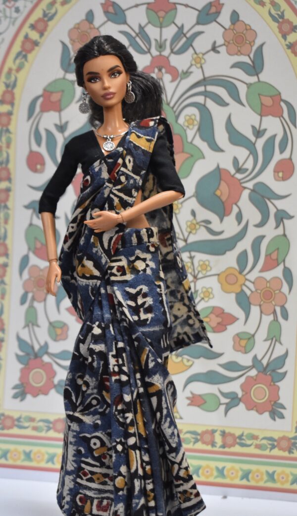 img_0217 Blue kalamkari printed cotton saree with accessories for doll