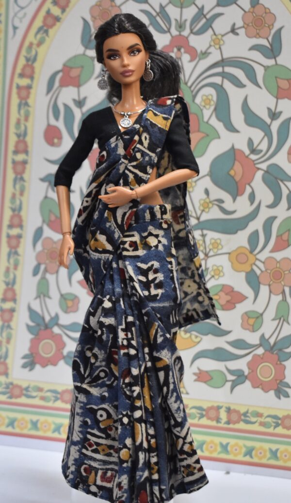 img_0219 Blue kalamkari printed cotton saree with accessories for doll