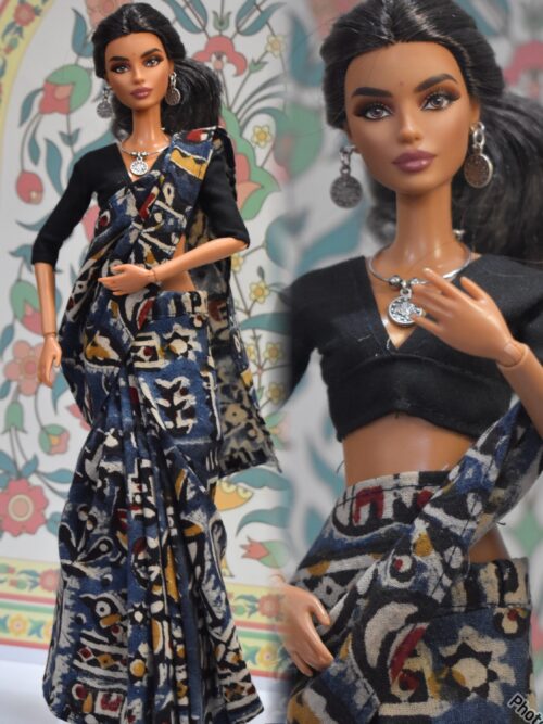 Blue kalamkari printed cotton saree with accessories for doll