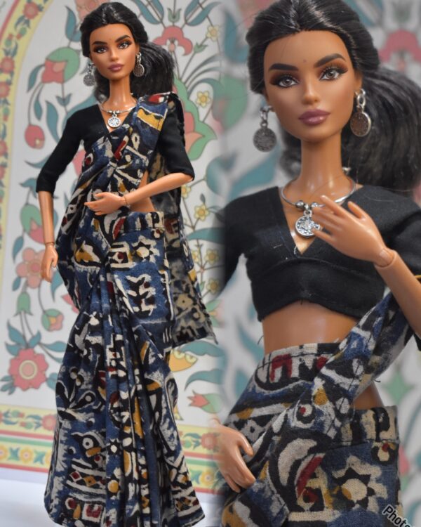 created-by-photogrid-366 Blue kalamkari printed cotton saree with accessories for doll