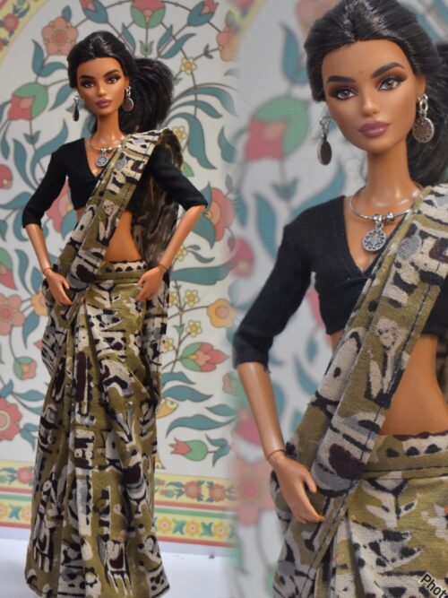 created-by-photogrid-365 Block printed green cotton saree with accessories for doll