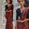 Maroon block printed cotton saree with accessories for doll